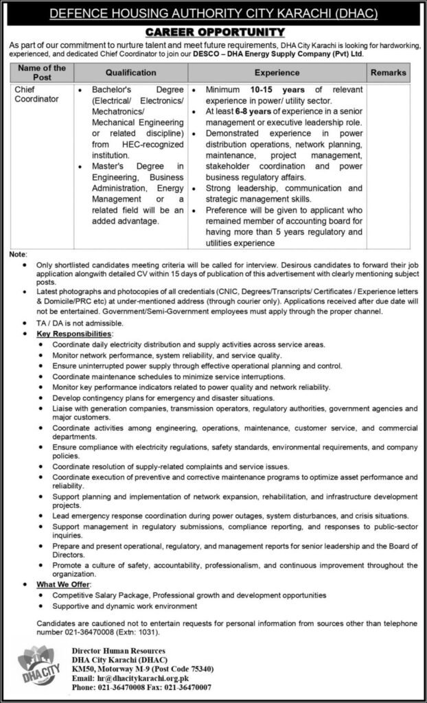 DHA City Karachi Chief Coordinator jobs 2026