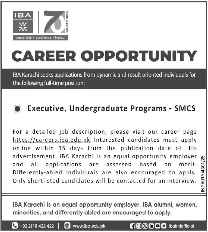 IBA Karachi Hiring Executive for Undergraduate Programs at SMCS