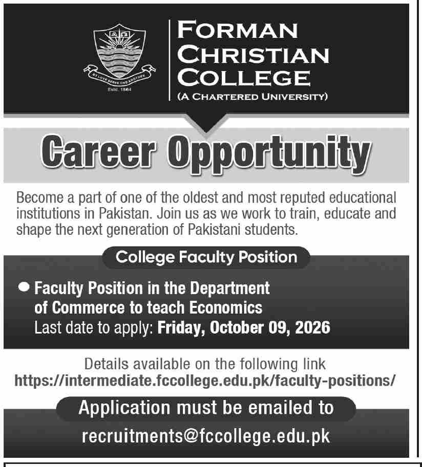 Forman Christian College faculty jobs 2026