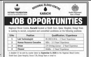 Regional Blood Centre Karachi job opportunities advertisement 2026