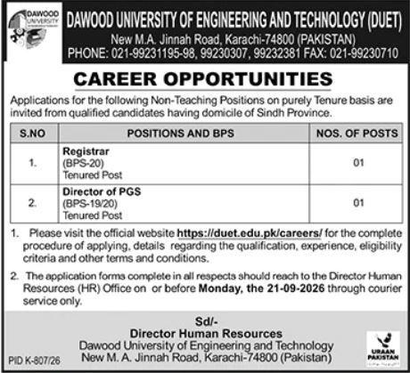 Ad showing Registrar and Director PGS positions with BPS scale and number of posts at DUET Karachi`