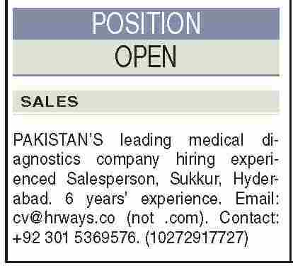 Ad showing contact details and email for Salesperson vacancy