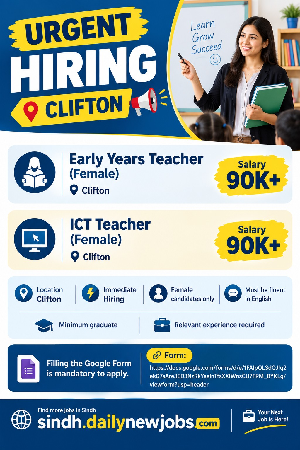 Graphic showing requirements and Google Form link for Clifton teacher jobs