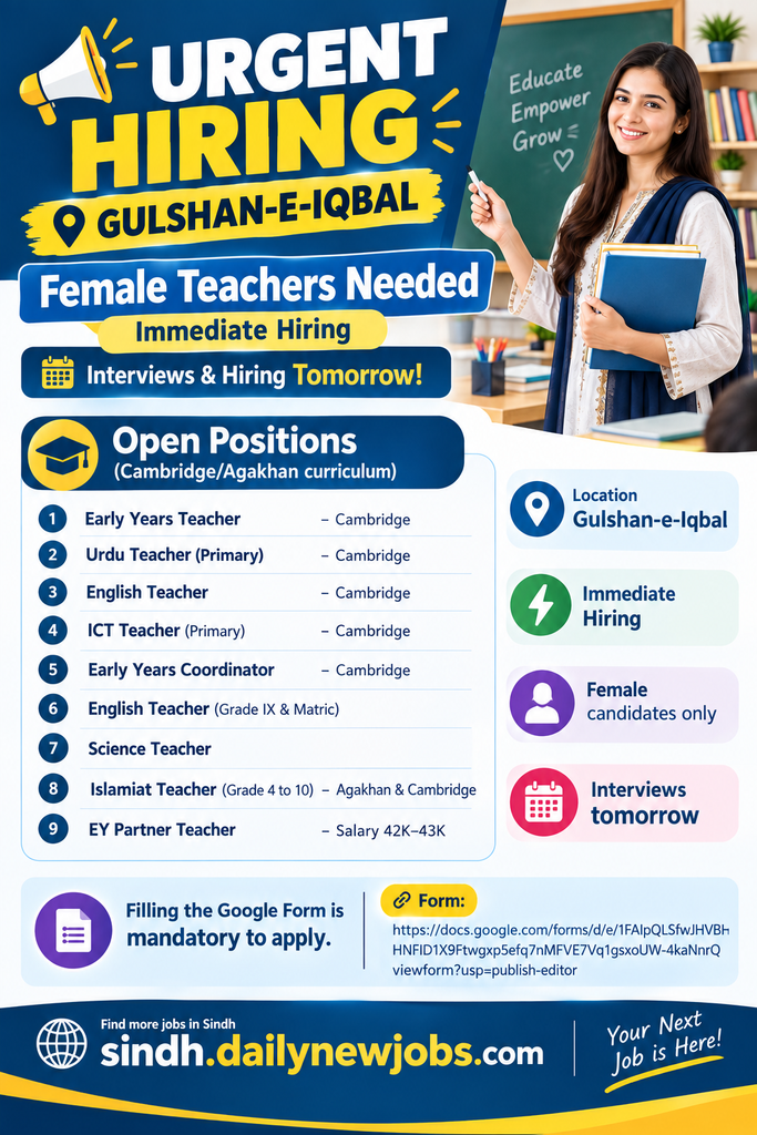 Graphic showing 9 open teaching positions and Google Form link for Gulshan-e-Iqbal jobs
