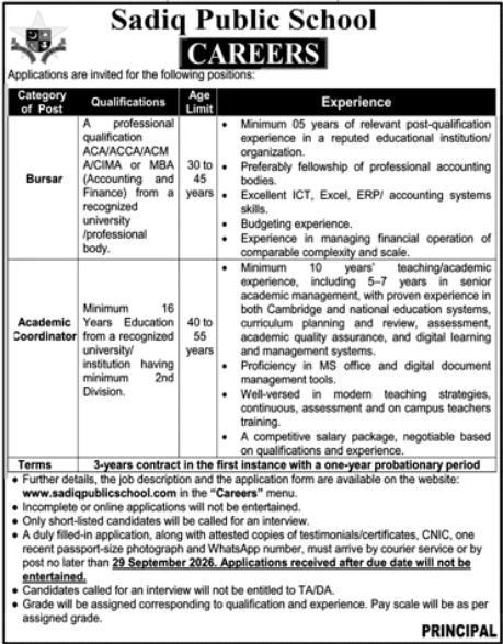 Ad showing qualification, age limit and experience criteria for Bursar and Academic Coordinator posts at Sadiq Public School