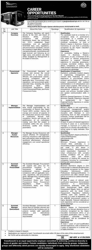 Ad showing qualification and experience table for six TransKarachi management and specialist positions