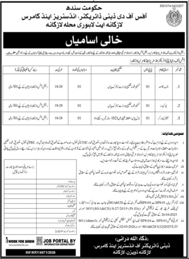 Urdu ad showing qualification, age limit and residency preference for Naib Qasid, Chowkidar and Sanitary Worker posts in Larkana