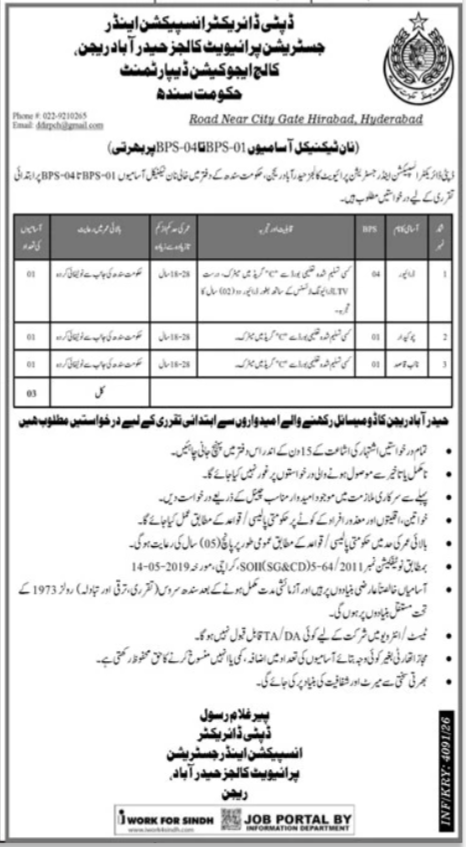 Urdu ad showing qualification, age limit and residency preference for Driver, Peon and Naib Qasid posts in Hyderabad