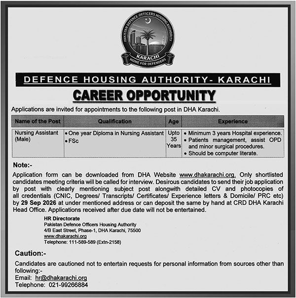 Ad showing qualification, age and experience requirements for Nursing Assistant post at DHA Karachi