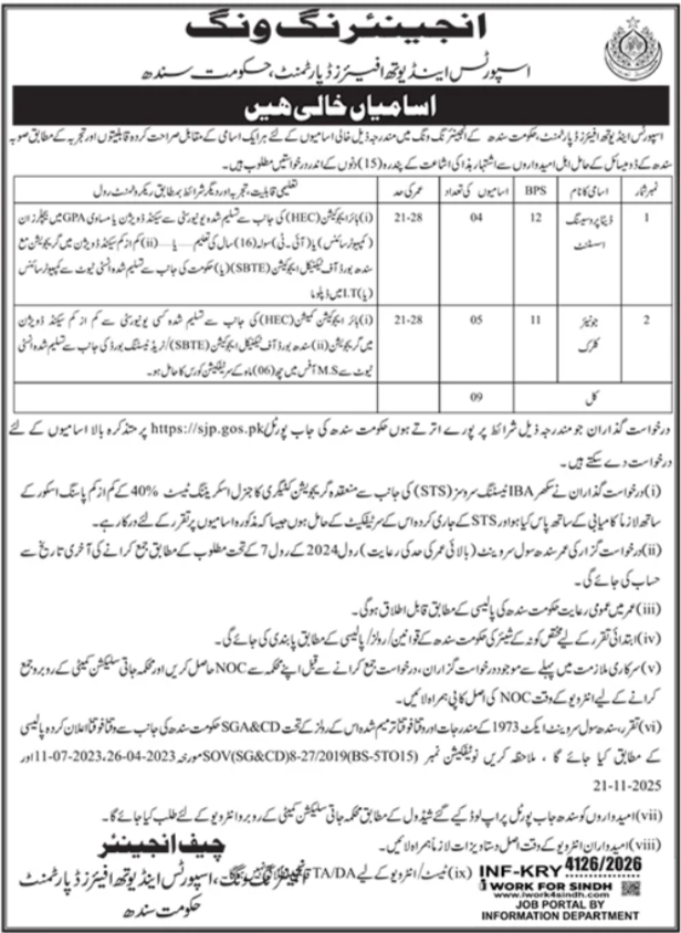 Urdu ad showing qualification, age and STS requirements for Data Processing Assistant and Junior Clerk posts at Sports Youth Affairs Department