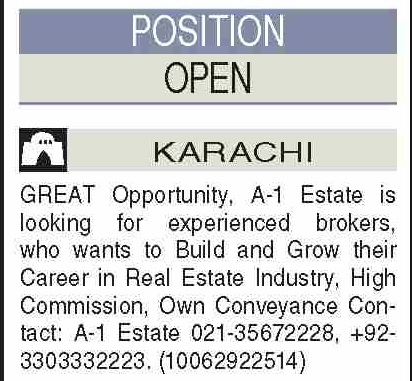 Ad showing A-1 Estate's requirement for experienced brokers with contact numbers