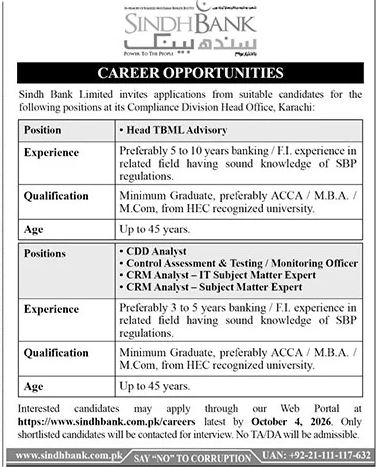 Ad showing qualification, experience and age criteria for Compliance Division posts at Sindh Bank Karachi