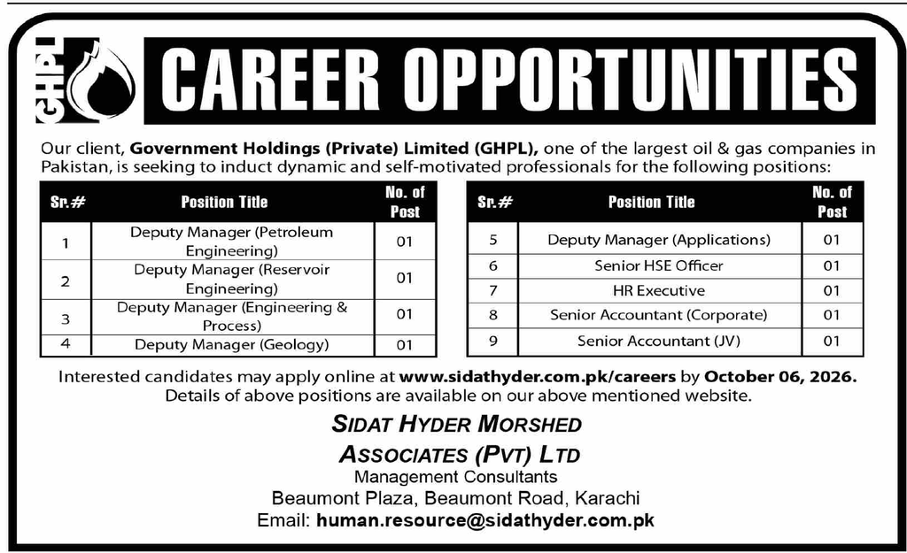 Ad showing nine open positions and number of posts at GHPL Karachi
