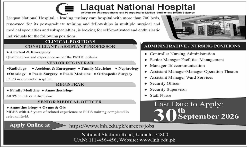 Ad showing clinical and administrative positions with qualification requirements at LNH Karachi