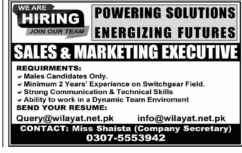 Ad showing requirements and contact details for Sales Marketing Executive switchgear job