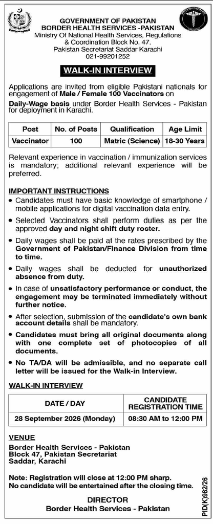 Ad showing qualification, age and important instructions for Vaccinator posts at Border Health Services Pakistan