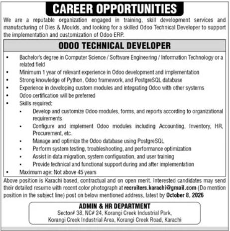 Ad showing qualification, skills and responsibilities for Odoo Technical Developer job in Karachi