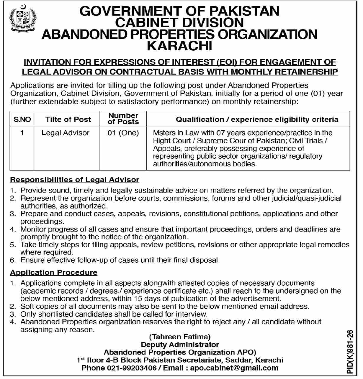 Ad showing qualification, experience and responsibilities for Legal Advisor post at Cabinet Division Karachi