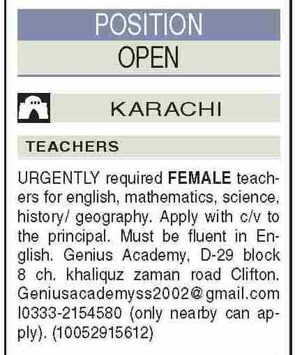 Ad showing subject requirements, fluency condition and contact details for Genius Academy Clifton job