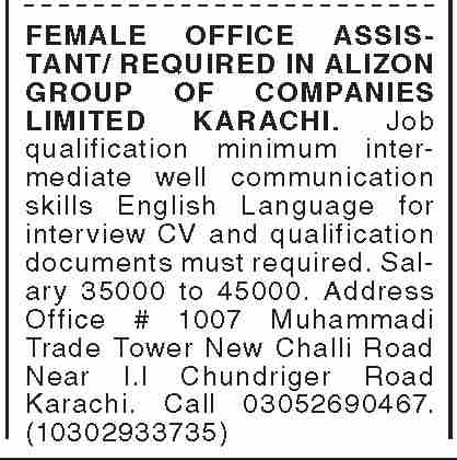 Ad showing qualification, salary and contact details for Female Office Assistant job at Alizon Group Karachi