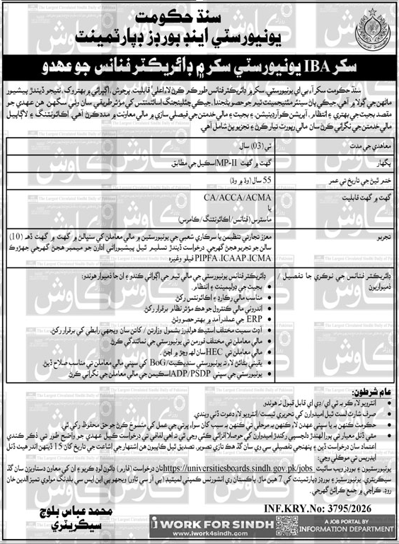 Ad showing qualification, experience and job duties for Director Finance post at Sukkur IBA University