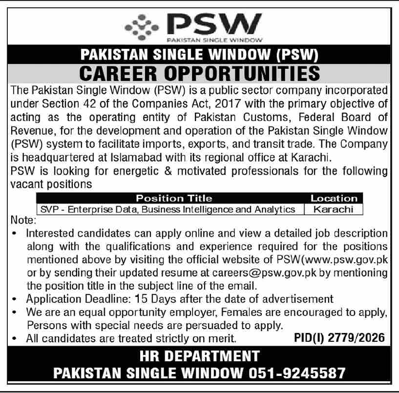 Ad showing PSW's SVP Enterprise Data Business Intelligence and Analytics position with application instructions