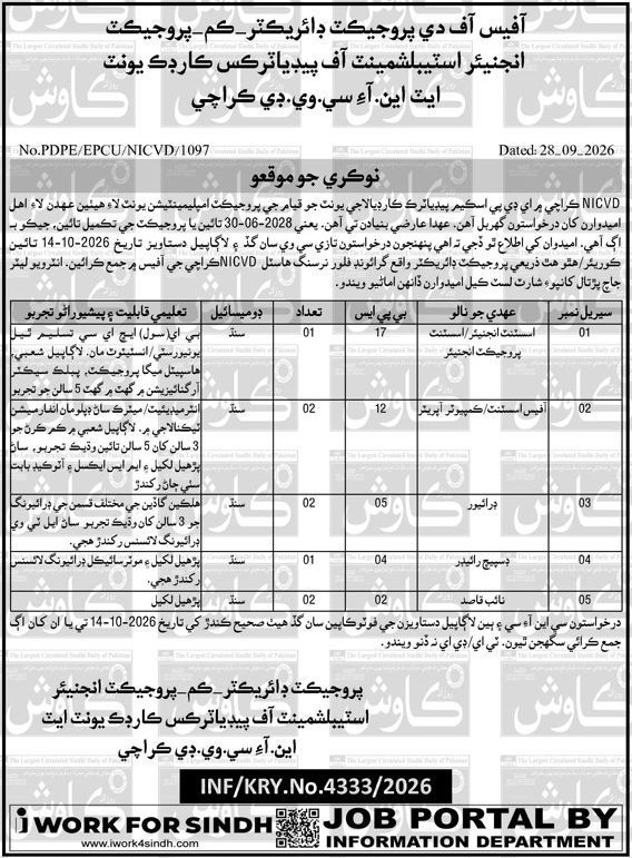 NICVD Karachi Jobs 2026 – Paediatric Cardiac Unit, Apply Now