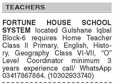 Fortune House School System Karachi Teacher Jobs