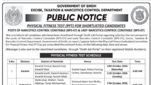 Narcotics Control Constable Physical Fitness Test Schedule 2026