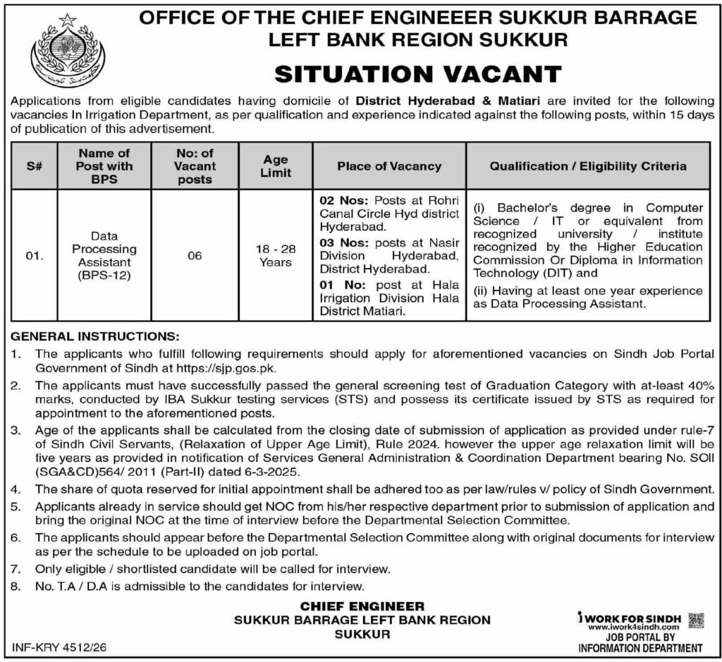Irrigation Department Jobs 2026 — 6 Data Processing Assistant Posts in Hyderabad and Hala