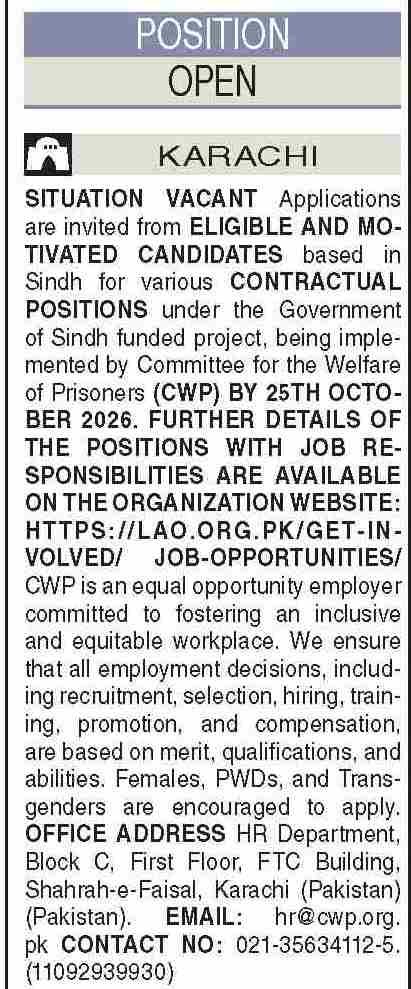 Committee for the Welfare of Prisoners Karachi Jobs 2026