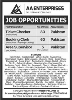 AA Enterprises Jobs 2026 — Ticket Checker, Booking Clerk