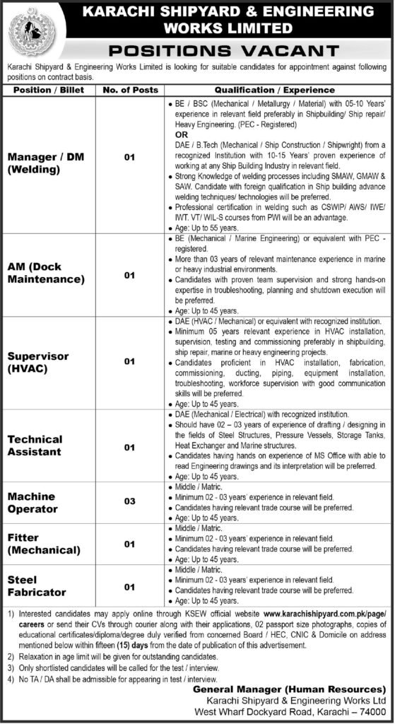 Karachi Shipyard (KSEW) Jobs 2026 — 9 Posts