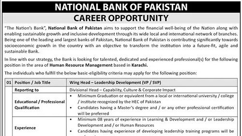 NBP Jobs 2026 — Wing Head Leadership Development (VP/SVP), Karachi
