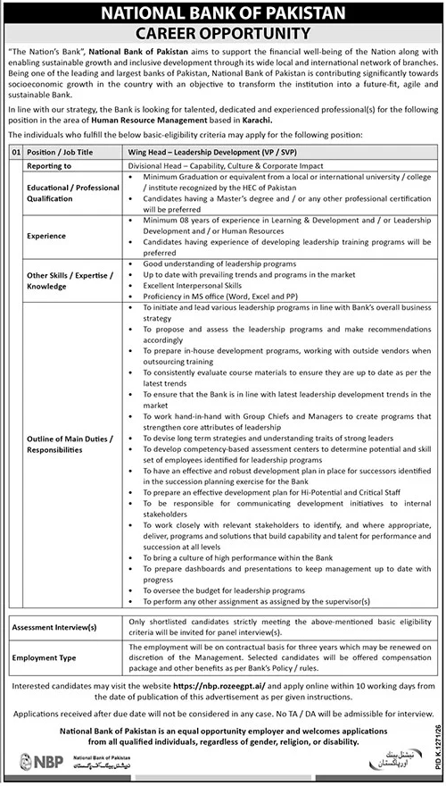 NBP Wing Head Leadership Development Job 2026