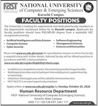 FAST-NUCES Karachi Campus faculty positions ad listing six departments, closing Sunday 25 October 2026
