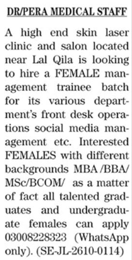 Newspaper classified for female management trainee batch at a skin laser clinic and salon near Lal Qila