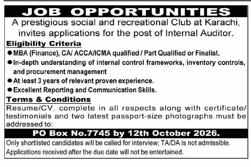 Job opportunities ad for Internal Auditor at a Karachi social and recreational club, PO Box 7745, deadline 12 October 2026