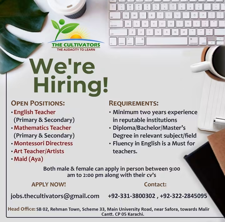 The Cultivators We're Hiring poster listing English, Mathematics, Montessori, Art teacher and Maid positions with contact details