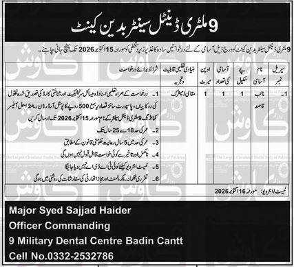 Urdu ad showing qualification, age limit and application requirements for Naib Qasid post at Badin Cantt
