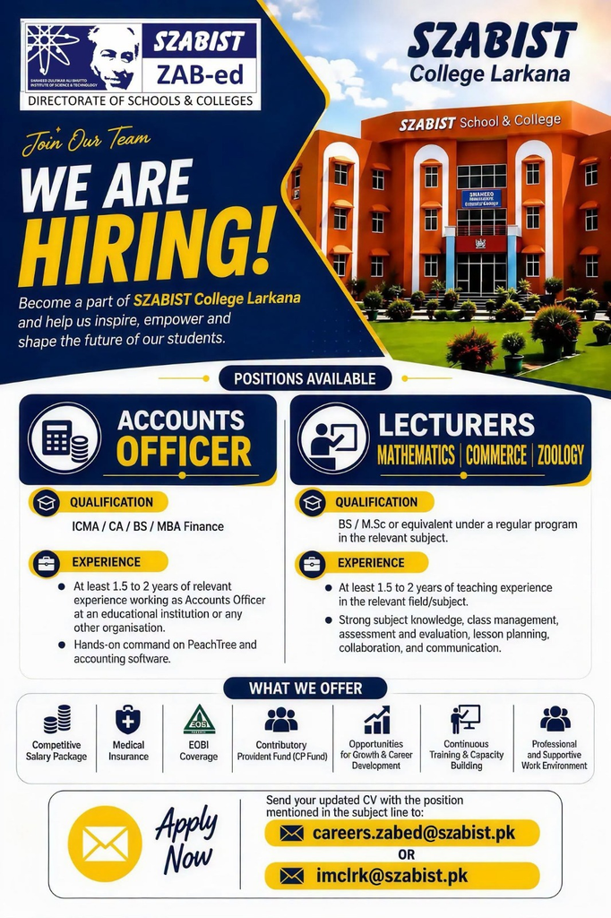 SZABIST College Larkana We Are Hiring poster for Accounts Officer and Lecturers in Mathematics, Commerce and Zoology