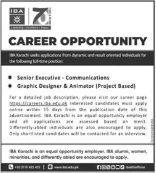 IBA Karachi career opportunity ad for Senior Executive Communications and Graphic Designer and Animator