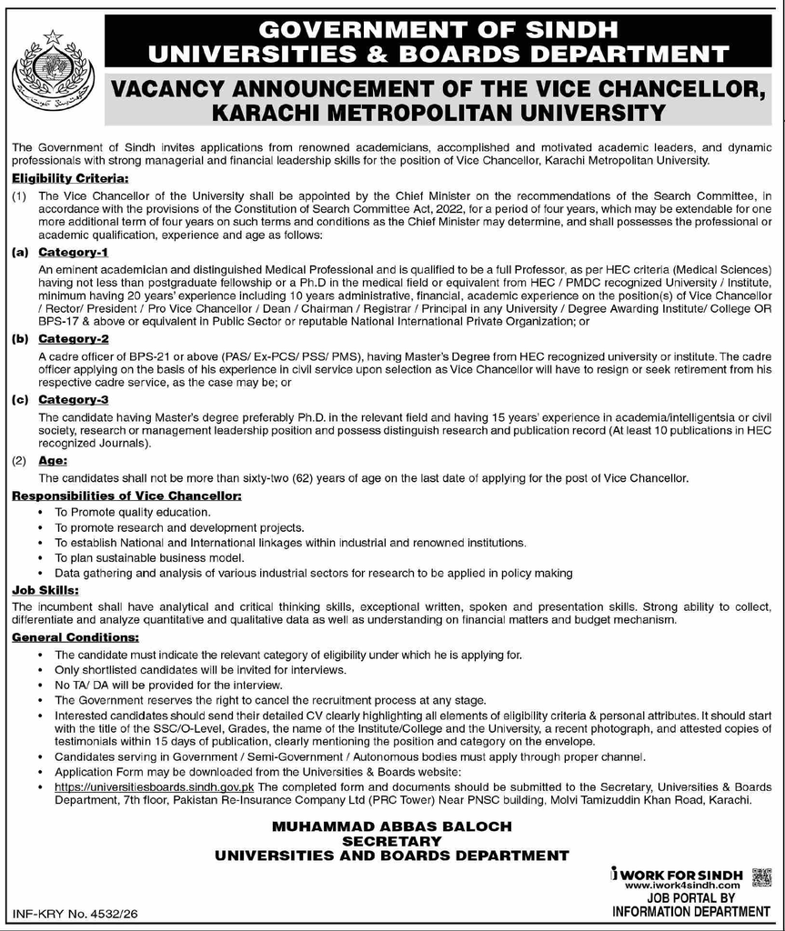 Government of Sindh Universities and Boards Department vacancy ad for Vice Chancellor of Karachi Metropolitan University