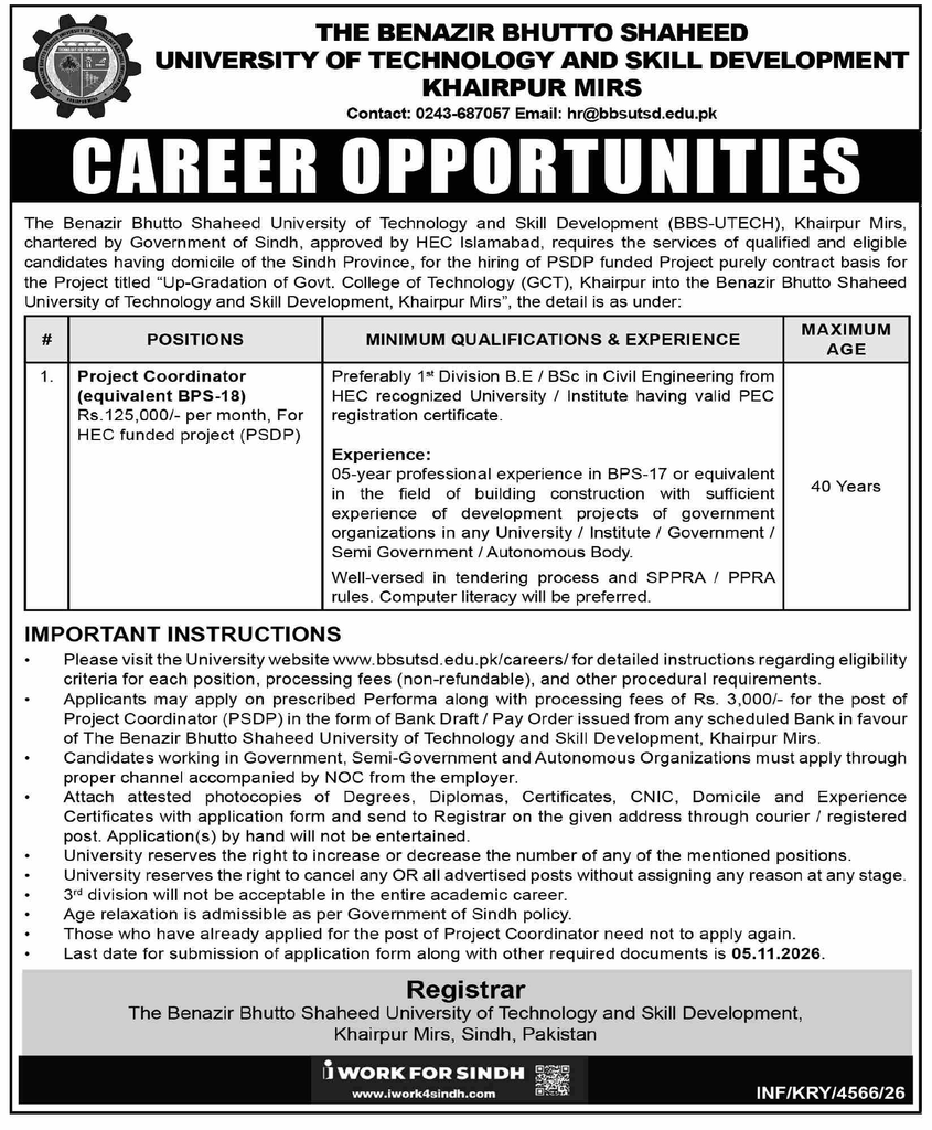 BBS-UTECH Khairpur Mirs career opportunities ad for Project Coordinator on a PSDP funded contract, closing 5 November 2026