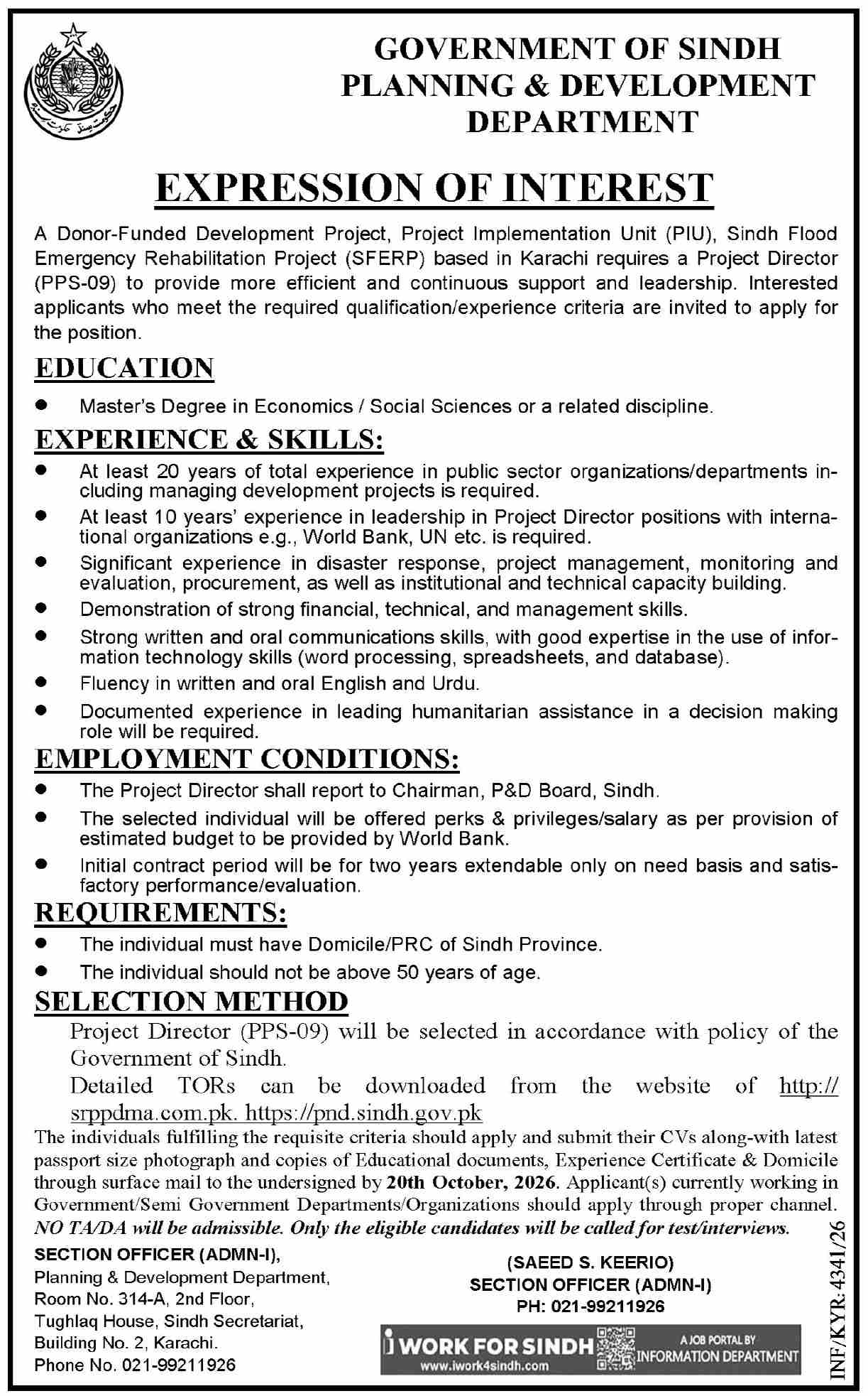 Government of Sindh P&D Department Expression of Interest ad for Project Director PPS-09, SFERP, closing 20 October 2026