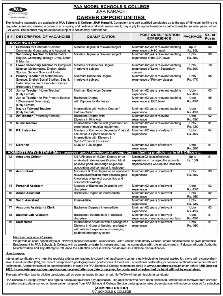 PAA Model Schools and College JIAP Karachi career ad listing 19 teaching and admin posts, closing 18 October 2026