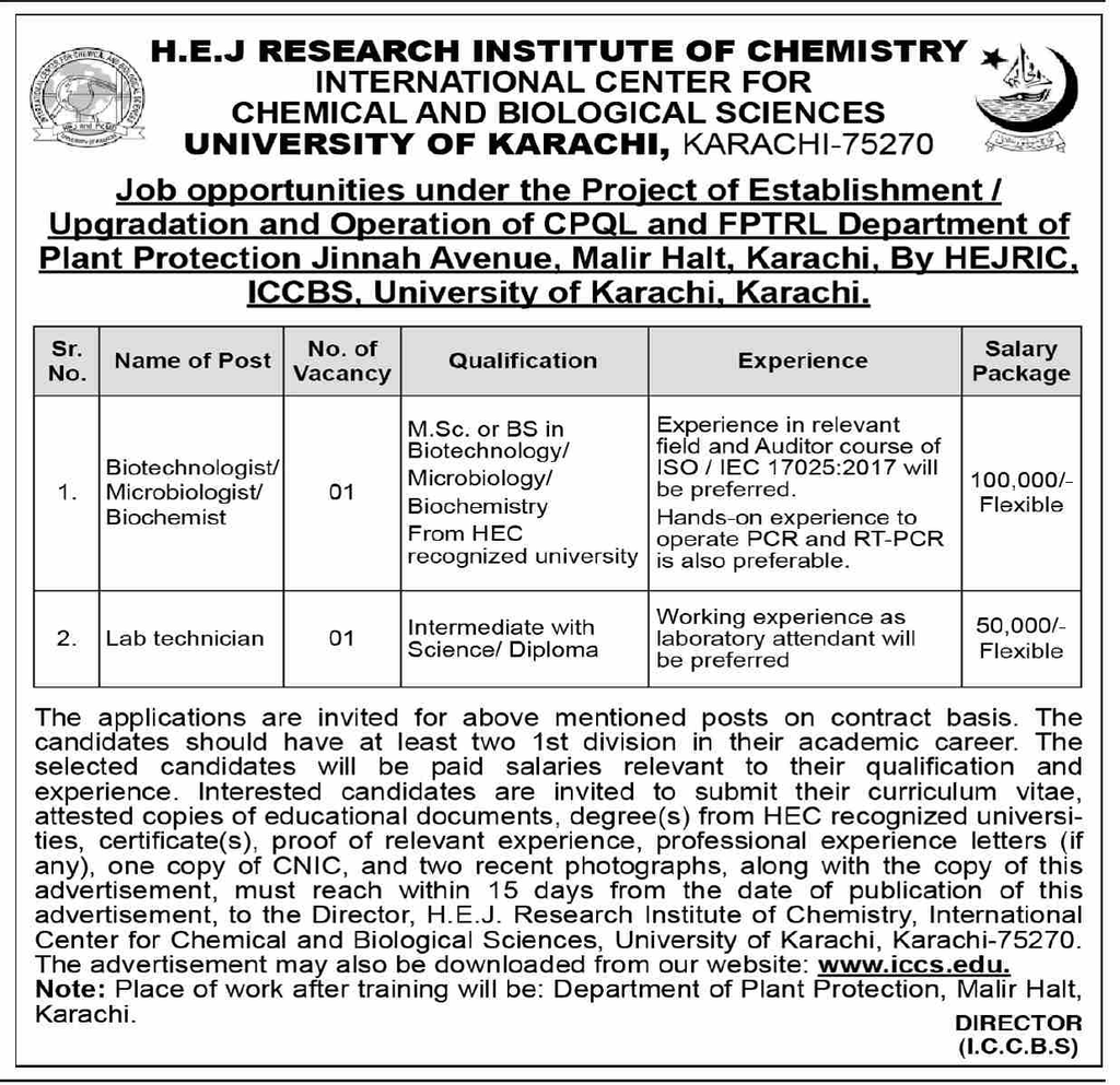 HEJ Research Institute ICCBS job ad for Biotechnologist and Lab Technician posts with Rs. 100,000 and Rs. 50,000 packages