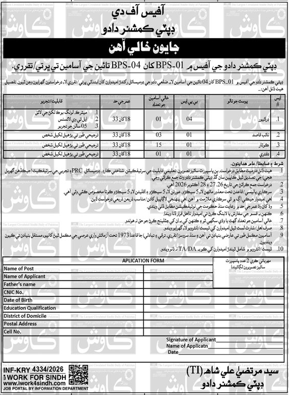 Sindhi ad showing qualification, age limit and general instructions for Deputy Commissioner Dadu posts